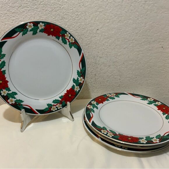Tienshan DECK THE HALLS Set of 4 Dinner Plates Christmas Poinsettia Gold Rim - Picture 2 of 9